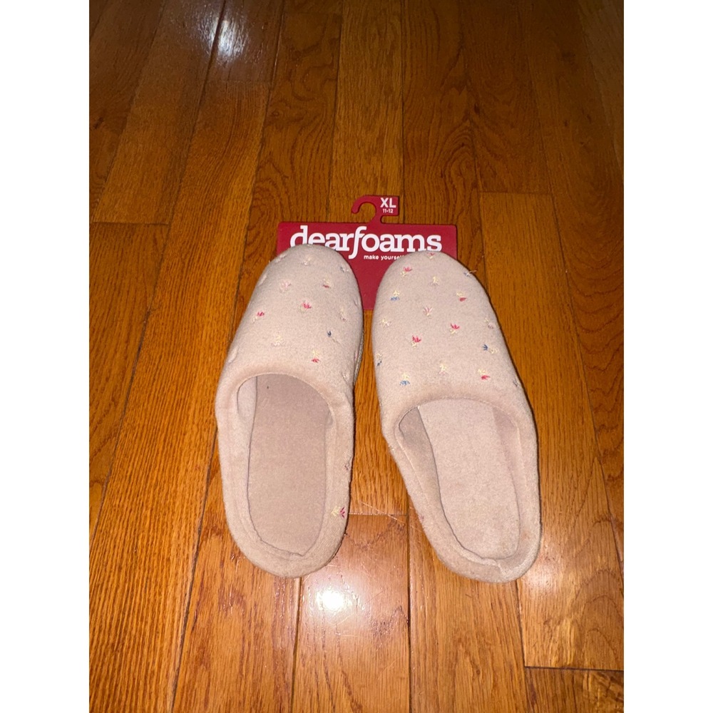 Dearfoams Womens XL 11-12 Pewter Floral Embroidered Fleece Scuff Slippers New‎